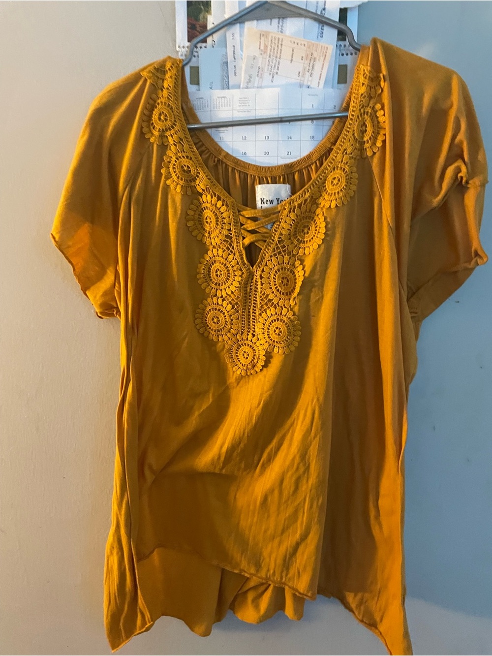 Women’s Mustard Crochet Lace-Up Blouse -